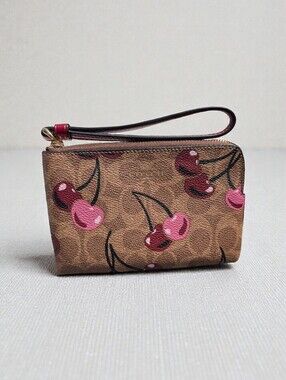 Coach Corner Zip Wristlet in Signature Canvas with Cherry Print - NWT